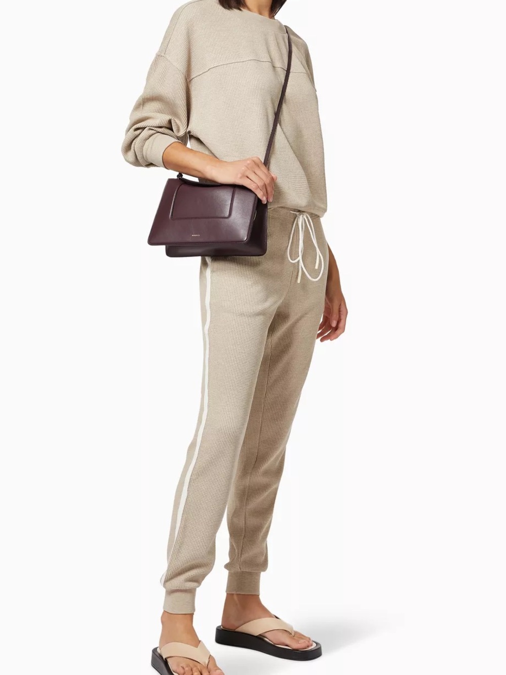 Varley Beige Track Joggers with White Side Stripe Kelvin Pants Waffle Knit XS